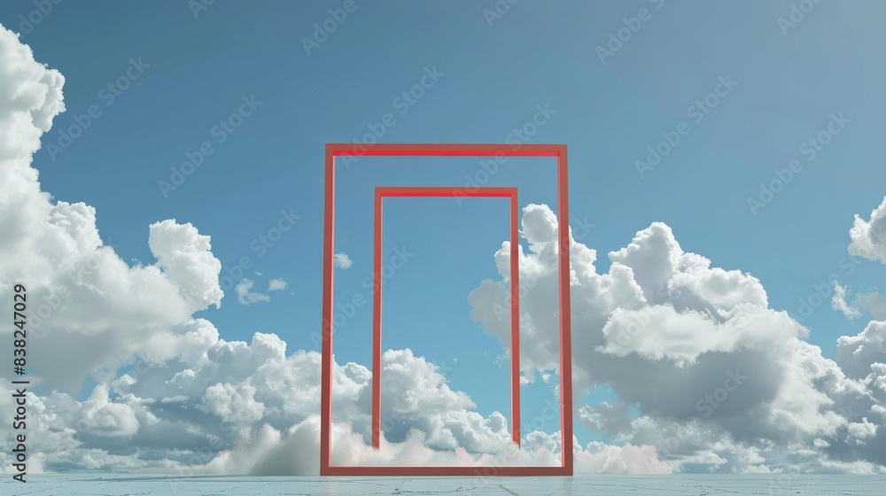 Abstract dreamy cloudscape rendered in 3D. White clouds fly under the red gates against a blue sky. Minimalist surreal dream concept. Abstract dreamy cloudscape rendered in 3D. White clouds fly under the red gates against a blue sky. Minimalist surreal dream concept.