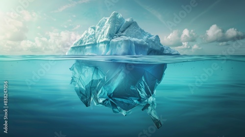 An iceberg hovering in the ocean with visible and submerged parts. Illustration based on a 3D rendering. photo