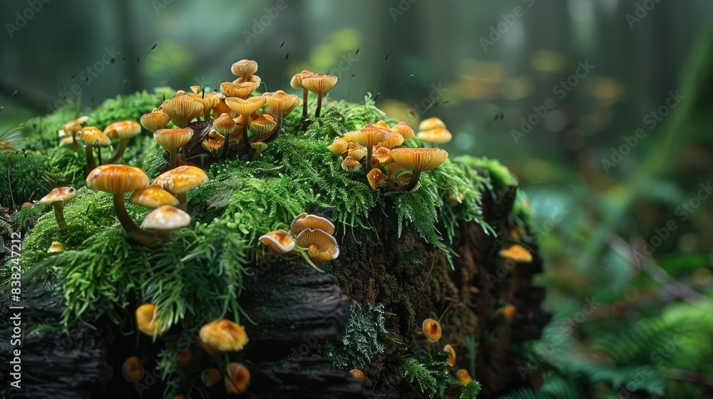 Decayed wood covered in lush moss and fungi, illustrating the beauty of nature's renewal and decomposition Decayed wood covered in lush moss and fungi, illustrating the beauty of nature's renewal and decomposition