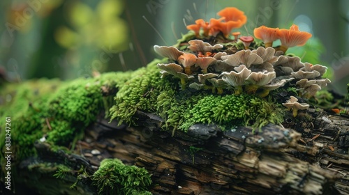 Decayed wood with rich moss and diverse fungi, illustrating the beauty of nature's decomposition and renewal