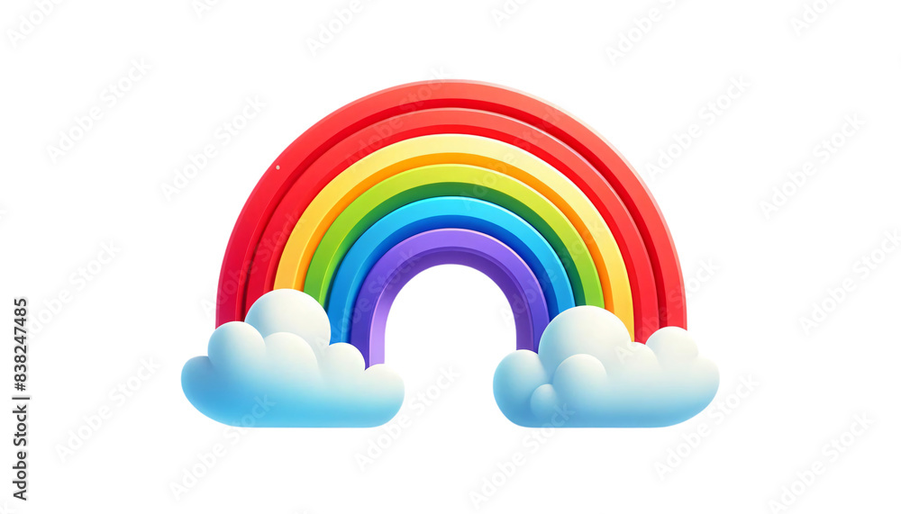 A colorful rainbow with red, yellow, green, blue, and purple arcs, with fluffy blue clouds at each end, on a transparent background A colorful rainbow with red, yellow, green, blue, and purple arcs, with fluffy blue clouds at each end, on a transparent background