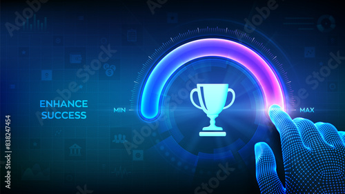 Success level growth. Increasing Success Level. Wireframe hand is pulling up to the maximum position circle progress bar with the Trophy cup icon. Business achievement concept. Vector illustration.
