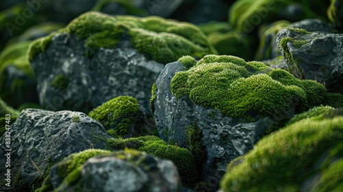 Detailed close-up of moss-covered rocks, illustrating the intricate patterns and textures of nature