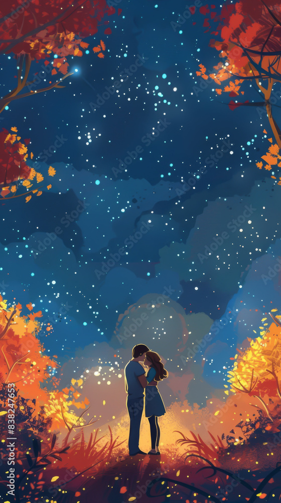 Fototapeta premium A couple is kissing in a forest at night