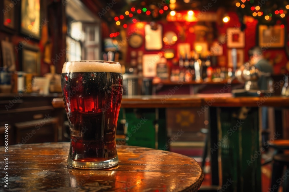 Ruby red irish stout beer on a table in an irish pub Ruby red irish stout beer on a table in an irish pub