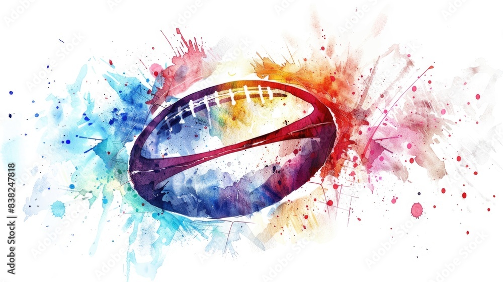 Rugby ball in watercolor splashes on a white background