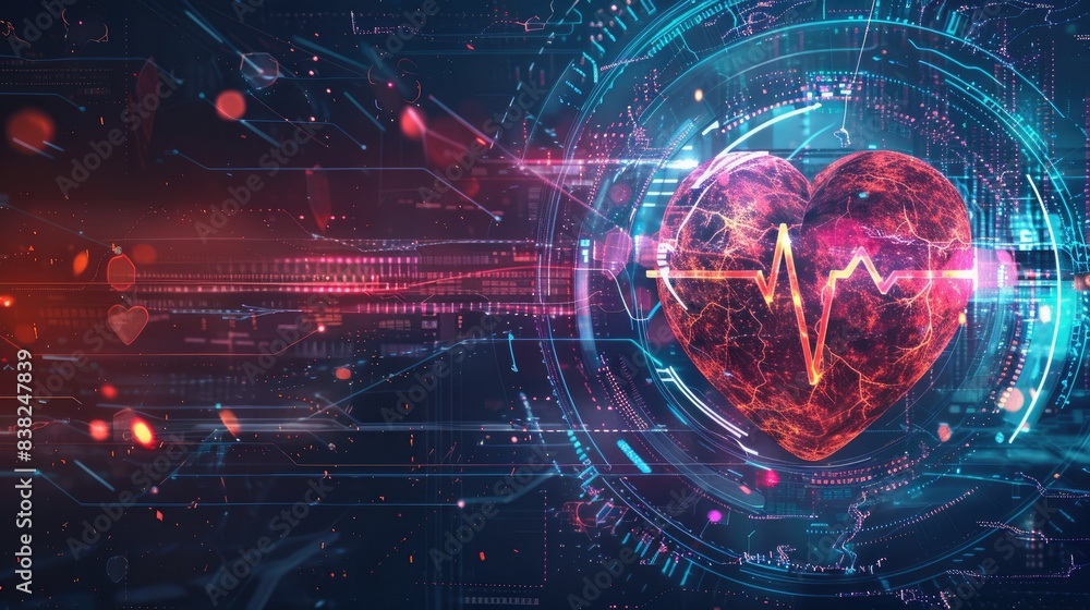Fototapeta premium Digital heart wave with futuristic design, glowing tech symbols, highlighting the innovation in healthcare technology