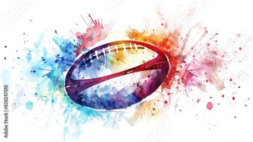 Obraz na płótnie Rugby ball in watercolor splashes on a white background w salonie