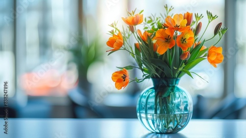 A vibrant vase of orange flowers subtly enhancing a modern office environment