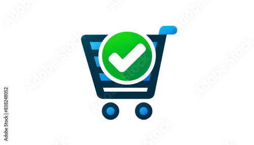 A green and blue shopping cart icon with a checkmark over it, on a transparent background