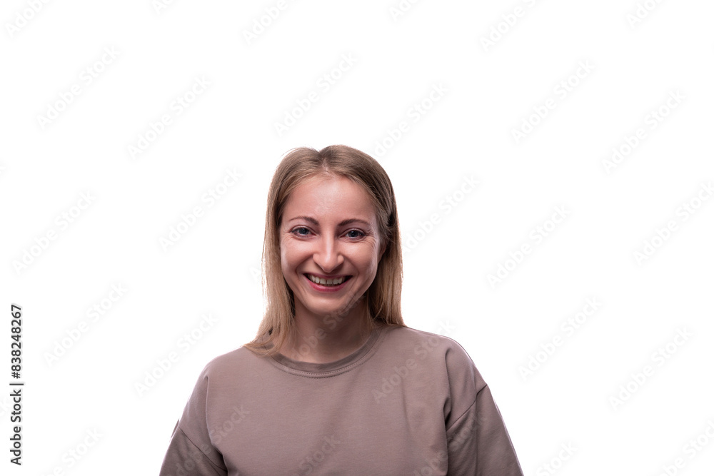 European satisfied joyful adult woman with blond hair on white background European satisfied joyful adult woman with blond hair on white background