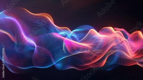 Elegant graphic light waves, intertwining and flowing in various colors on a dark backdrop