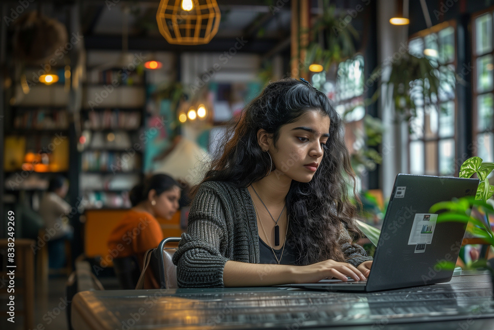 Happy young Indian woman, smiling casual student using laptop and learning or working online in a cafe looking at computing device sitting at table, generative AI Happy young Indian woman, smiling casual student using laptop and learning or working online in a cafe looking at computing device sitting at table, generative AI