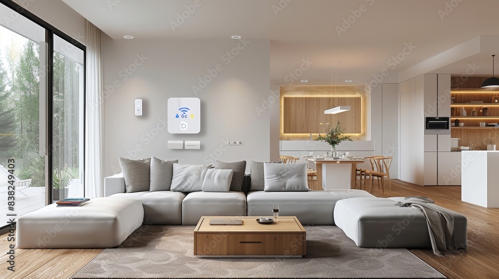 Fototapeta premium A large living room with a white couch and a coffee table