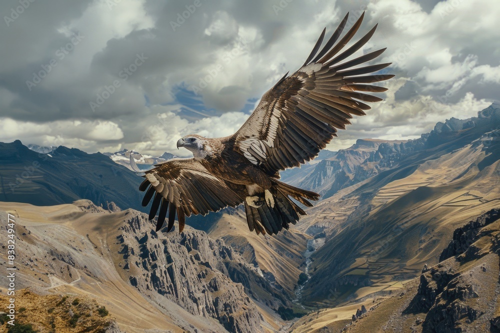 A large bird soars through the sky above a mountain range A large bird soars through the sky above a mountain range