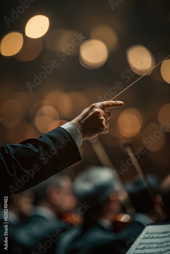 A musician conducting a symphony with a baton, suitable for music-related uses