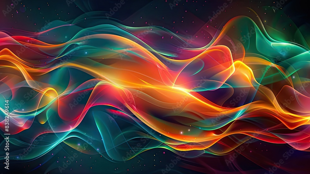 Elegant graphic waves of light in bright colors, flowing and forming intricate patterns on a dark backdrop Elegant graphic waves of light in bright colors, flowing and forming intricate patterns on a dark backdrop