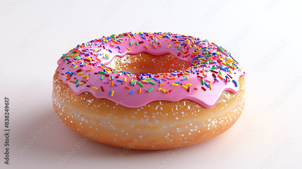Close-up image of a delicious donut with pink frosting and colorful sprinkles, set against a clean white background.
