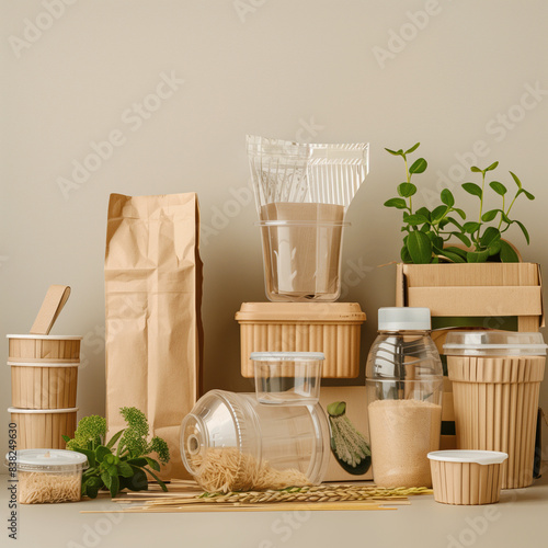 
The AI-generated image shows eco-friendly food packaging like kraft paper bags, cardboard boxes, clear jars, biodegradable cups, and paper lids, highlighting the importance of sustainability.