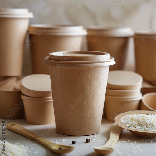 
The AI-generated image shows eco-friendly food packaging like kraft paper bags, cardboard boxes, clear jars, biodegradable cups, and paper lids, highlighting the importance of sustainability.