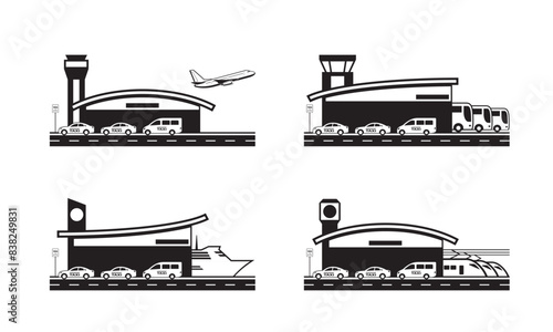 Taxi service to and from transport stations - vector illustration