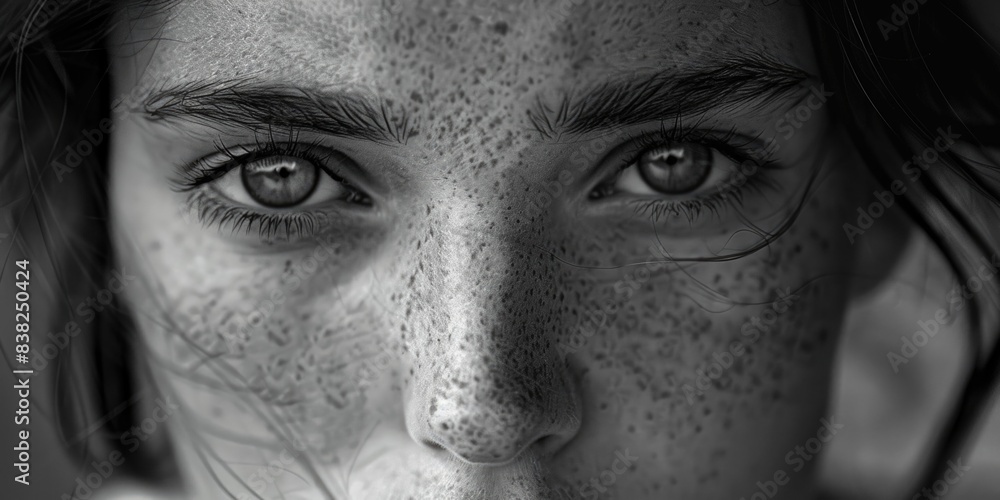 Fototapeta premium Close-up portrait of a woman with freckles, suitable for use in beauty and lifestyle imagery