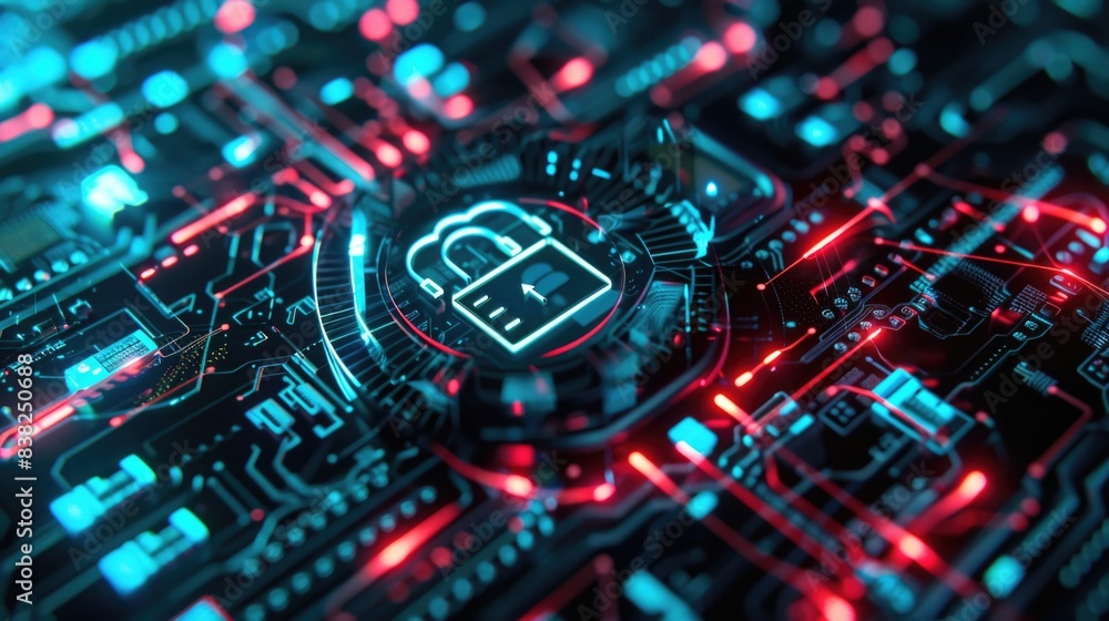 A close-up view of a circuit board featuring a padlock, often used in security and technology contexts A close-up view of a circuit board featuring a padlock, often used in security and technology contexts