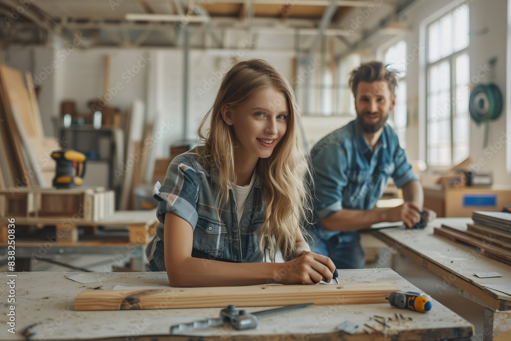 Smiling carpenter with wooden plank Smiling carpenter with wooden plank