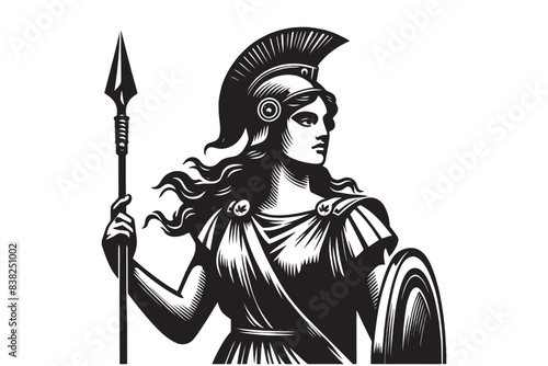 Beautiful antique Roman woman warrior. Vintage engraving black and white vector illustration. Cut out, isolated object, print, drawn