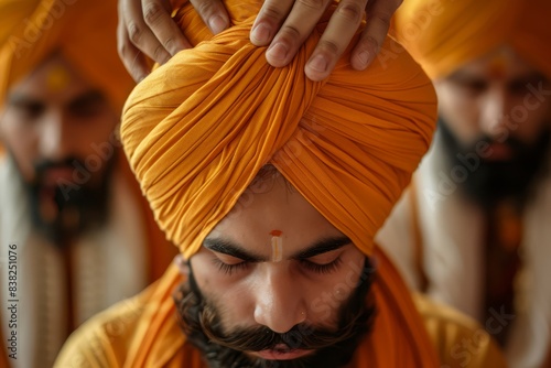 Sikh Turban Tying, Men donning turbans at a Gurdwara, Cultural Identity photo