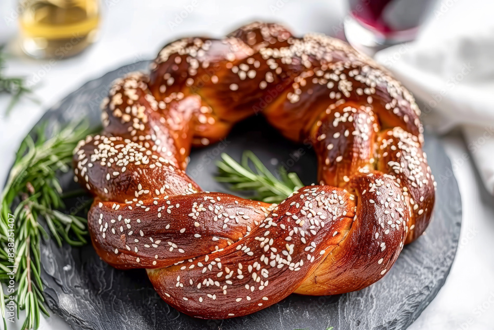 A large, braided bread with sesame seeds on top sits on a black plate A large, braided bread with sesame seeds on top sits on a black plate