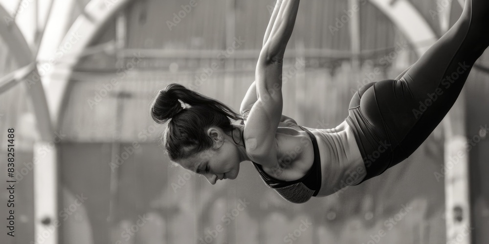 Fototapeta premium A woman performing a trick on a pole, focusing on the movement and flow