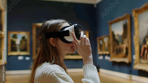 Young woman wearing a virtual reality headset using it to visualize a museum art gallery with paintings, virtual museum tour concept