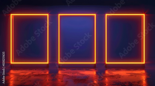 Three orange neon glowing blank picture frames