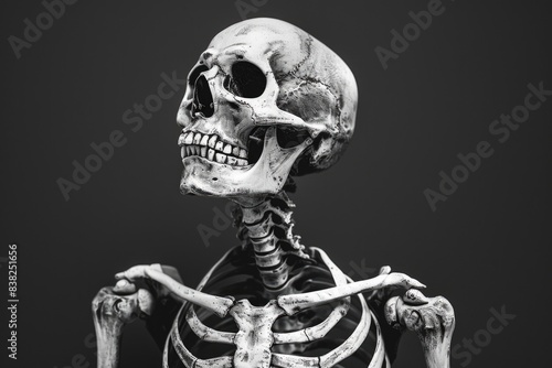 A classic black and white image of a skeleton, perfect for use in various creative projects photo