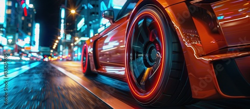 Close up view of sport car tires on road in city at night Motion blur.
