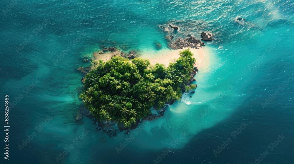 High-angle image of a serene island surrounded by turquoise waters, with vibrant greenery and sandy shores High-angle image of a serene island surrounded by turquoise waters, with vibrant greenery and sandy shores