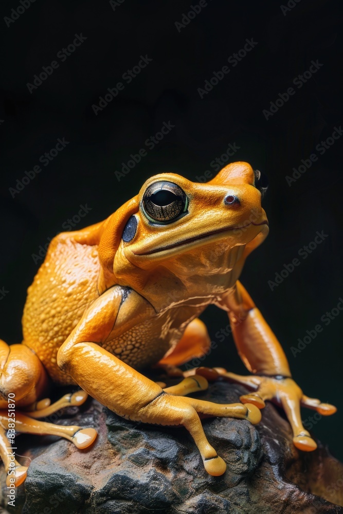 A close-up shot of a bright yellow frog perched on top of a rock, surrounded by natural foliage A close-up shot of a bright yellow frog perched on top of a rock, surrounded by natural foliage