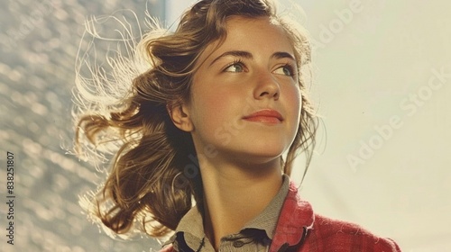 Young woman basking in the sunset light, wind in her hair, serene expression, peaceful and reflective moment
