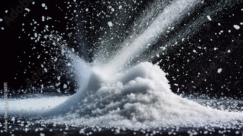 white sugar powder particles in motion air, on black background for overlay