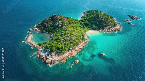 High-angle shot of a beautiful island surrounded by clear turquoise waters, with lush greenery and sandy shores © chanidapa