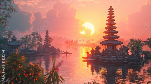 Scene of a temple in bali at sunset for nyepi day