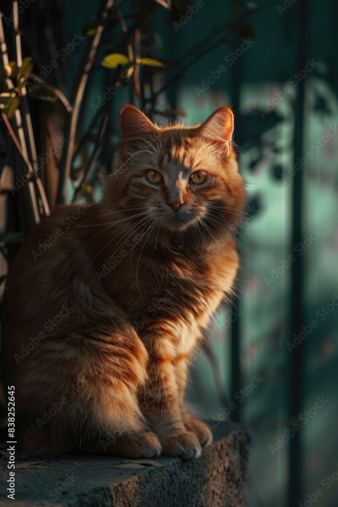 A close-up of an orange cat sitting beside a plant, ideal for pet or nature-themed designs