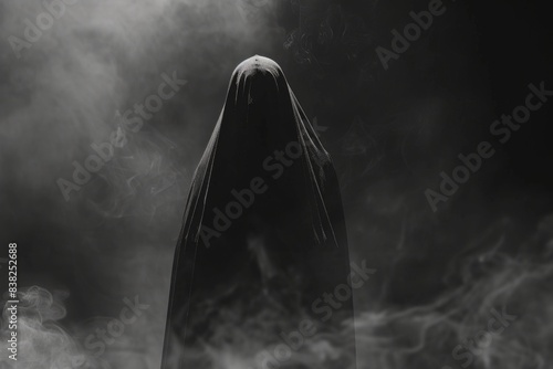 A figure in a dark hooded cloak stands still amidst foggy mist, perfect for eerie atmosphere or mysterious scene photo