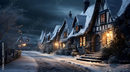 Village at night in winter. Panoramic view of the old houses. © Iman