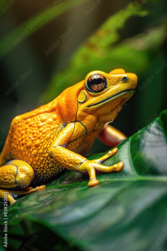 A small yellow frog perched on the tip of a large green leaf, with a natural background A small yellow frog perched on the tip of a large green leaf, with a natural background