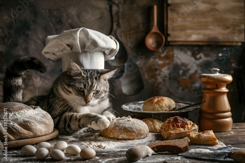 A cat sits on a table wearing a chef s hat  surrounded by bread and eggs