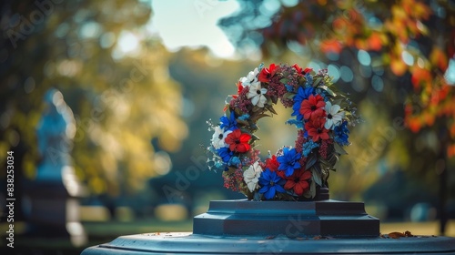 A red, white, and blue wreath placed at the base of a statue honoring fallen soldiers