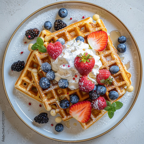 Plate Golden-Brown With Waffles Dusted Belgian Powde photo