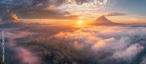 Aerial view of the active volcano mountain top. Beautiful landscape photography.